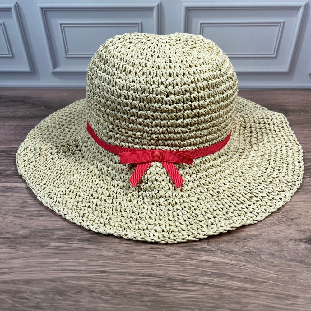 Gymboree Floppy Sun Hat Kids Beige Red Ribbon Bow Woven Straw‎ Wide Brim M